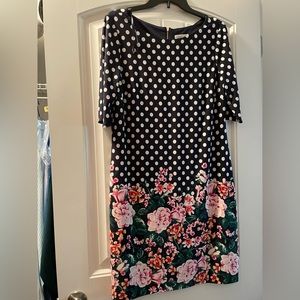 Eliza J size 12 navy/white polka dot with pink flower print.